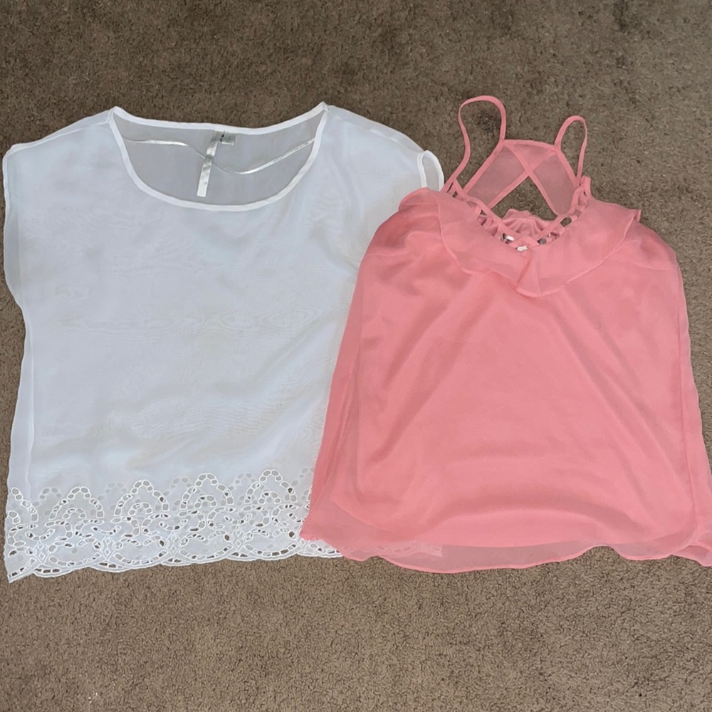 EUC Women's Lauren Conrad Shirt Blouse Bundle Size S White and Coral/Salmon